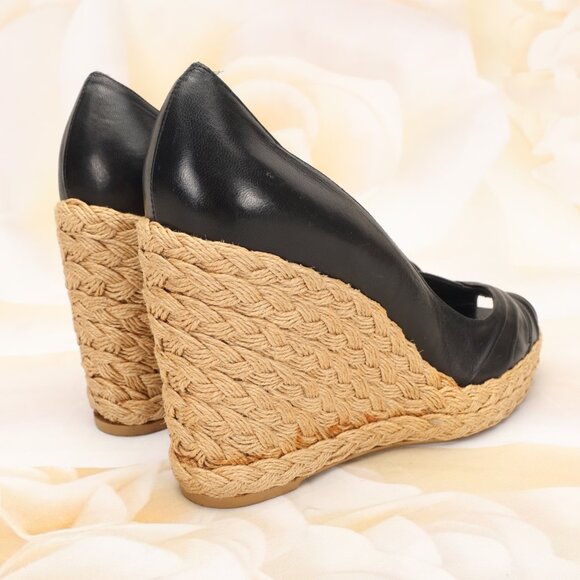 Stuart Weitzman Peep Toe Espadrille Wedge Heels Shoes 7M Black Leather - Picture 8 of 10